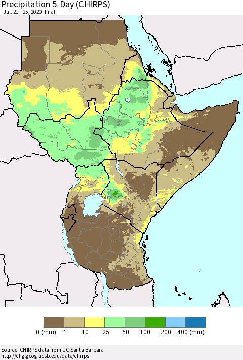 Eastern Africa Precipitation 5-Day (CHIRPS) Thematic Map For 7/21/2020 - 7/25/2020
