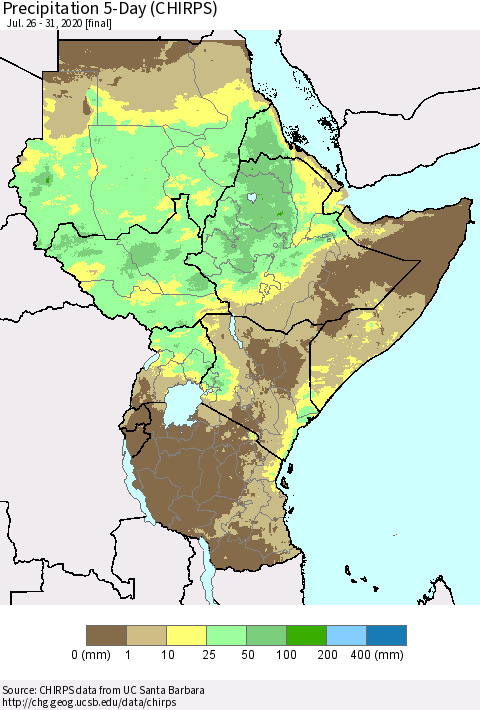 Eastern Africa Precipitation 5-Day (CHIRPS) Thematic Map For 7/26/2020 - 7/31/2020
