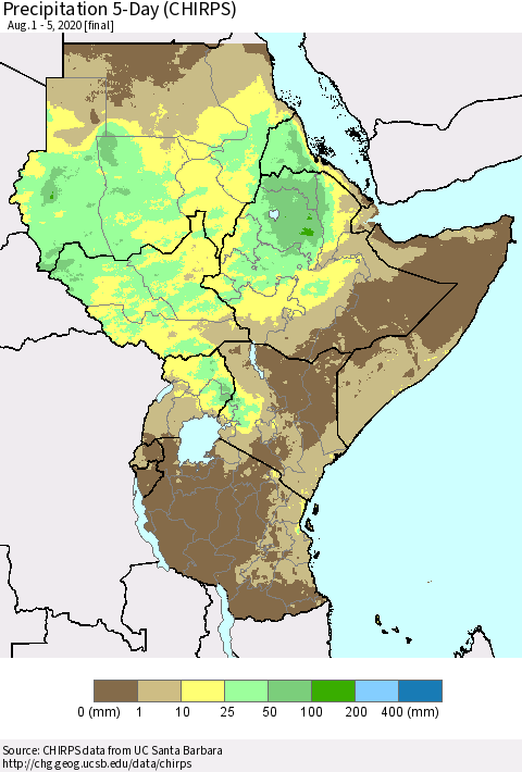 Eastern Africa Precipitation 5-Day (CHIRPS) Thematic Map For 8/1/2020 - 8/5/2020