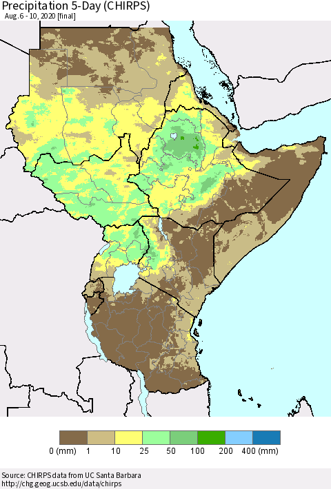 Eastern Africa Precipitation 5-Day (CHIRPS) Thematic Map For 8/6/2020 - 8/10/2020