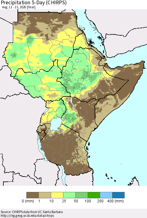 Eastern Africa Precipitation 5-Day (CHIRPS) Thematic Map For 8/11/2020 - 8/15/2020