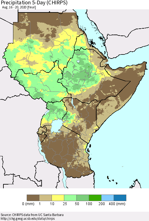 Eastern Africa Precipitation 5-Day (CHIRPS) Thematic Map For 8/16/2020 - 8/20/2020