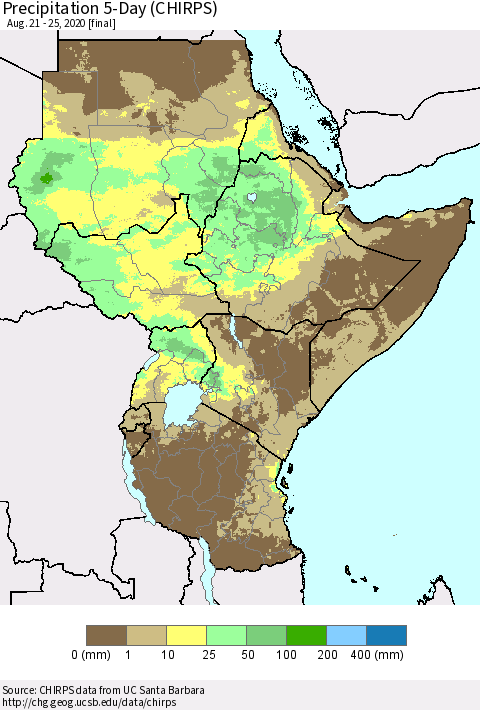 Eastern Africa Precipitation 5-Day (CHIRPS) Thematic Map For 8/21/2020 - 8/25/2020