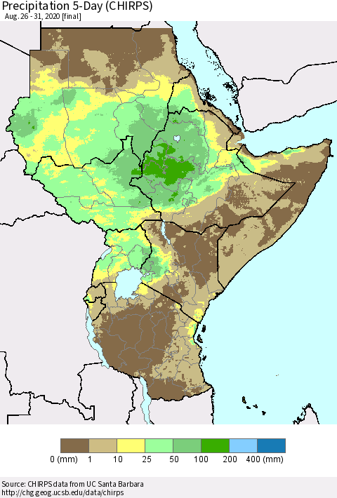 Eastern Africa Precipitation 5-Day (CHIRPS) Thematic Map For 8/26/2020 - 8/31/2020
