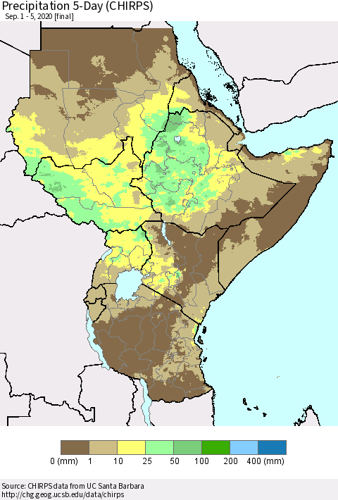 Eastern Africa Precipitation 5-Day (CHIRPS) Thematic Map For 9/1/2020 - 9/5/2020