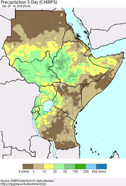 Eastern Africa Precipitation 5-Day (CHIRPS) Thematic Map For 9/26/2020 - 9/30/2020