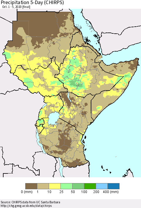 Eastern Africa Precipitation 5-Day (CHIRPS) Thematic Map For 10/1/2020 - 10/5/2020