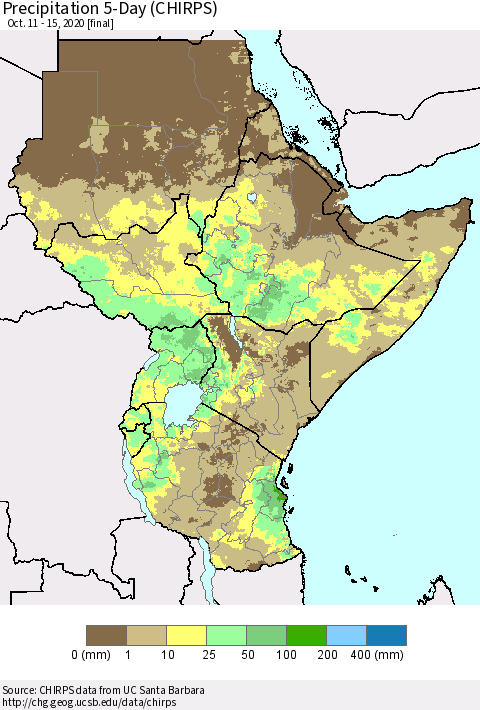 Eastern Africa Precipitation 5-Day (CHIRPS) Thematic Map For 10/11/2020 - 10/15/2020