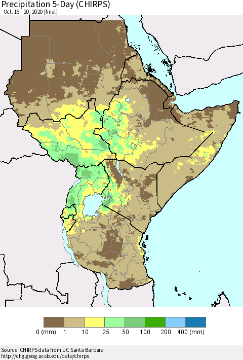 Eastern Africa Precipitation 5-Day (CHIRPS) Thematic Map For 10/16/2020 - 10/20/2020