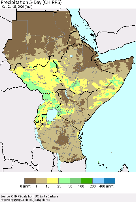 Eastern Africa Precipitation 5-Day (CHIRPS) Thematic Map For 10/21/2020 - 10/25/2020