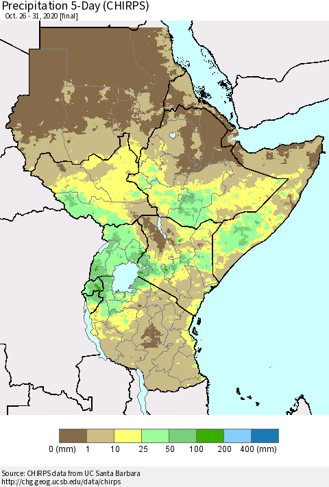 Eastern Africa Precipitation 5-Day (CHIRPS) Thematic Map For 10/26/2020 - 10/31/2020