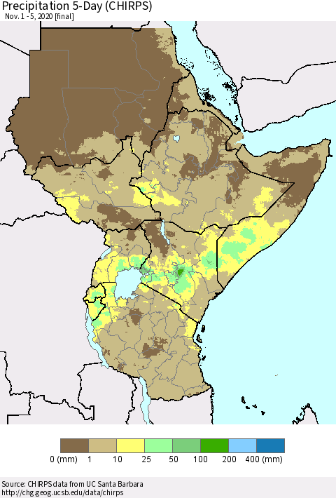 Eastern Africa Precipitation 5-Day (CHIRPS) Thematic Map For 11/1/2020 - 11/5/2020