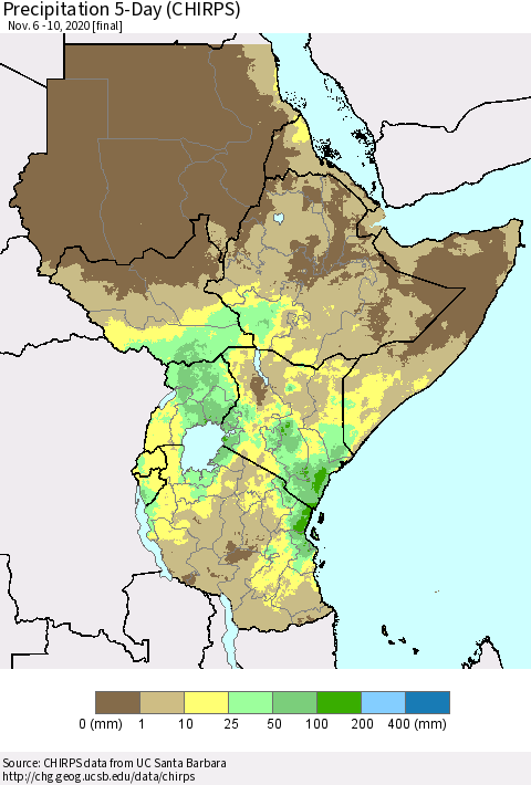 Eastern Africa Precipitation 5-Day (CHIRPS) Thematic Map For 11/6/2020 - 11/10/2020