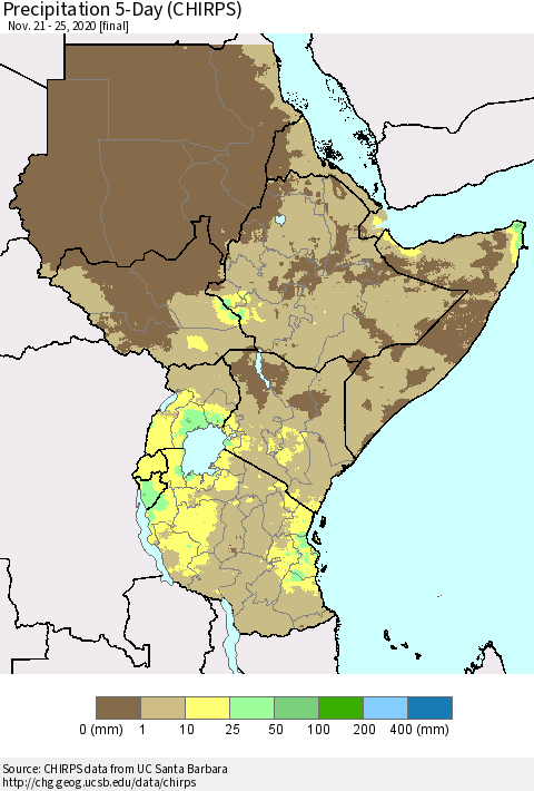 Eastern Africa Precipitation 5-Day (CHIRPS) Thematic Map For 11/21/2020 - 11/25/2020