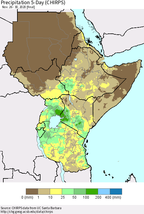 Eastern Africa Precipitation 5-Day (CHIRPS) Thematic Map For 11/26/2020 - 11/30/2020