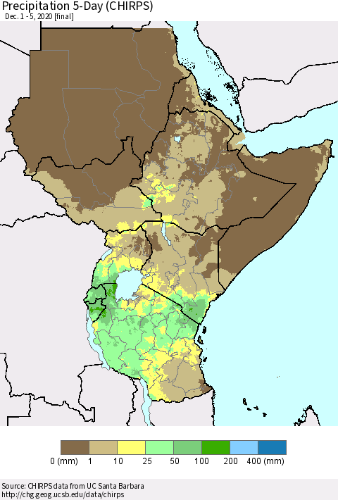 Eastern Africa Precipitation 5-Day (CHIRPS) Thematic Map For 12/1/2020 - 12/5/2020