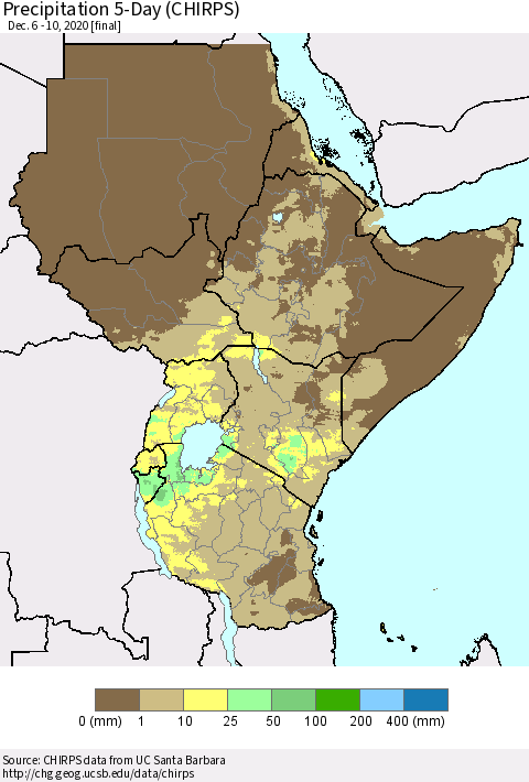 Eastern Africa Precipitation 5-Day (CHIRPS) Thematic Map For 12/6/2020 - 12/10/2020