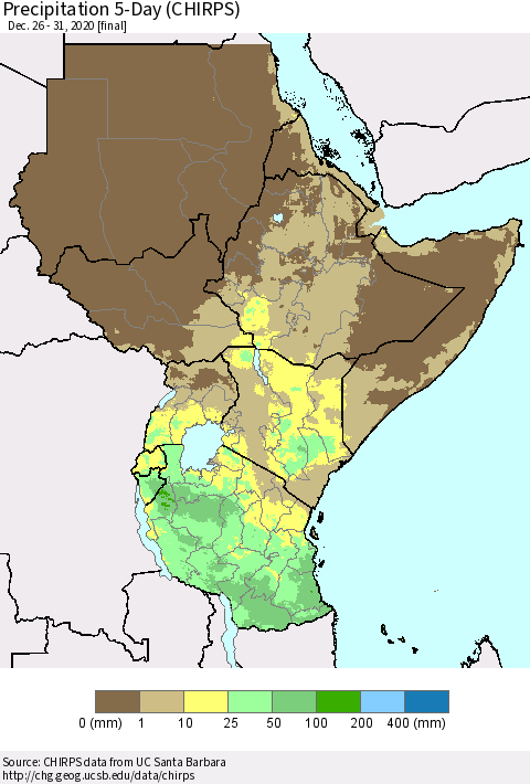 Eastern Africa Precipitation 5-Day (CHIRPS) Thematic Map For 12/26/2020 - 12/31/2020