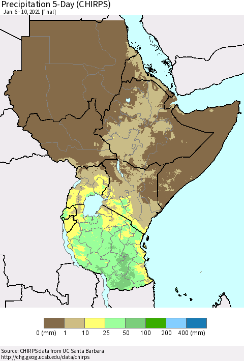Eastern Africa Precipitation 5-Day (CHIRPS) Thematic Map For 1/6/2021 - 1/10/2021