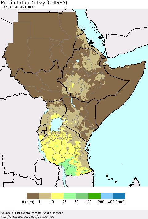 Eastern Africa Precipitation 5-Day (CHIRPS) Thematic Map For 1/16/2021 - 1/20/2021