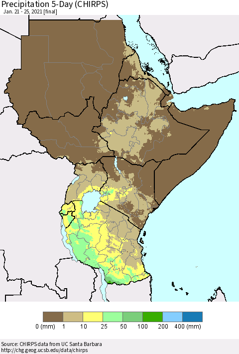 Eastern Africa Precipitation 5-Day (CHIRPS) Thematic Map For 1/21/2021 - 1/25/2021