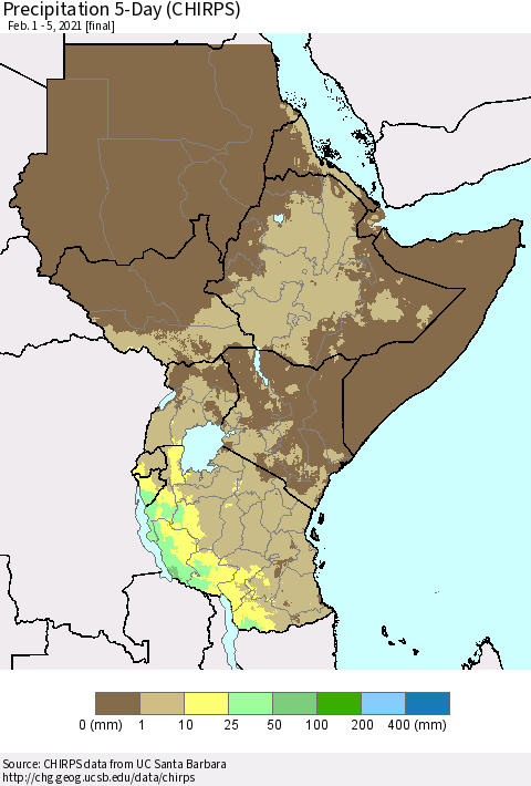 Eastern Africa Precipitation 5-Day (CHIRPS) Thematic Map For 2/1/2021 - 2/5/2021