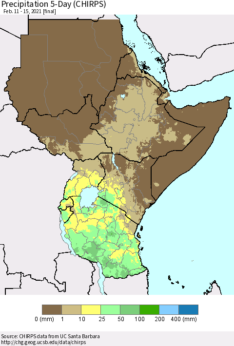 Eastern Africa Precipitation 5-Day (CHIRPS) Thematic Map For 2/11/2021 - 2/15/2021