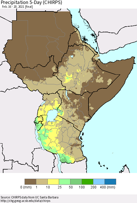 Eastern Africa Precipitation 5-Day (CHIRPS) Thematic Map For 2/16/2021 - 2/20/2021
