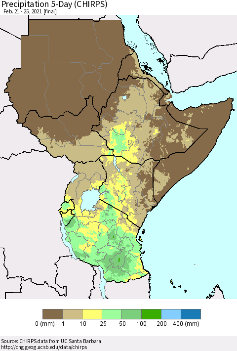 Eastern Africa Precipitation 5-Day (CHIRPS) Thematic Map For 2/21/2021 - 2/25/2021
