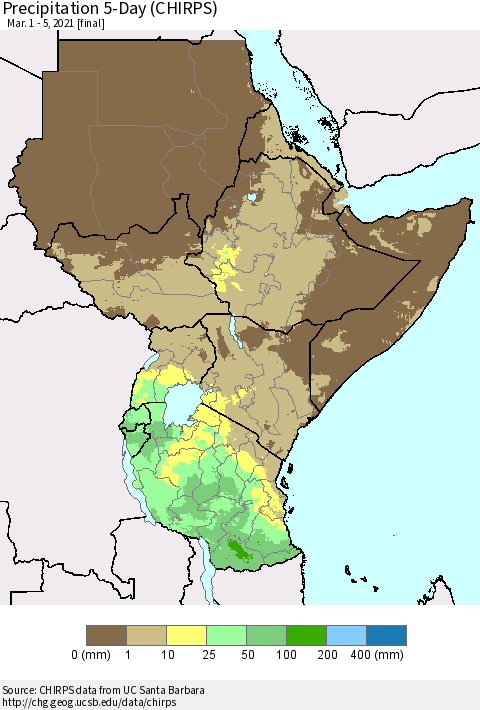 Eastern Africa Precipitation 5-Day (CHIRPS) Thematic Map For 3/1/2021 - 3/5/2021