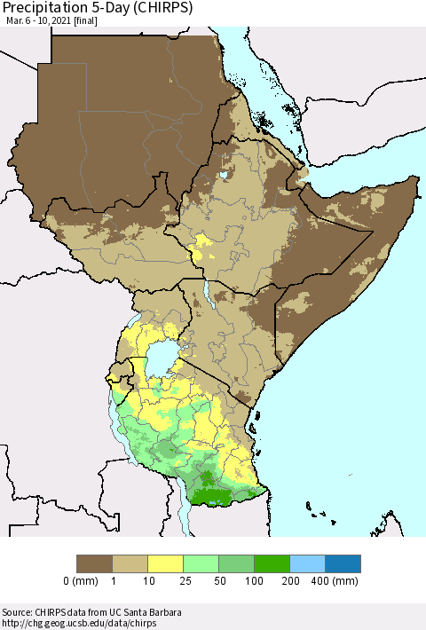 Eastern Africa Precipitation 5-Day (CHIRPS) Thematic Map For 3/6/2021 - 3/10/2021