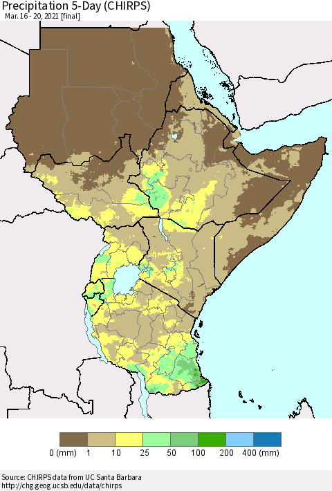 Eastern Africa Precipitation 5-Day (CHIRPS) Thematic Map For 3/16/2021 - 3/20/2021