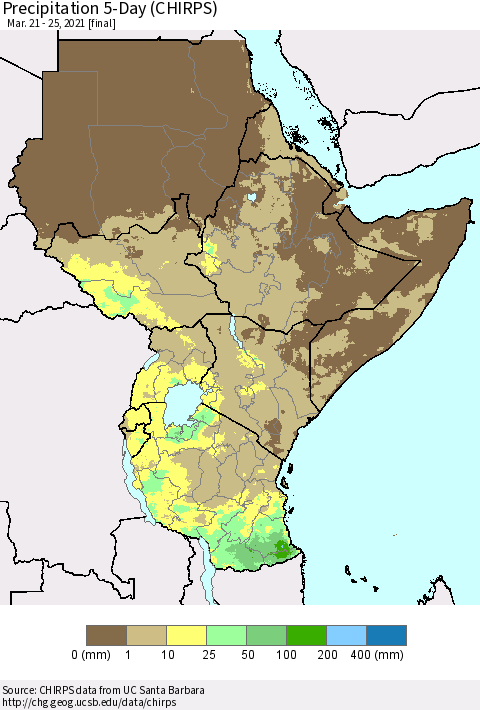 Eastern Africa Precipitation 5-Day (CHIRPS) Thematic Map For 3/21/2021 - 3/25/2021