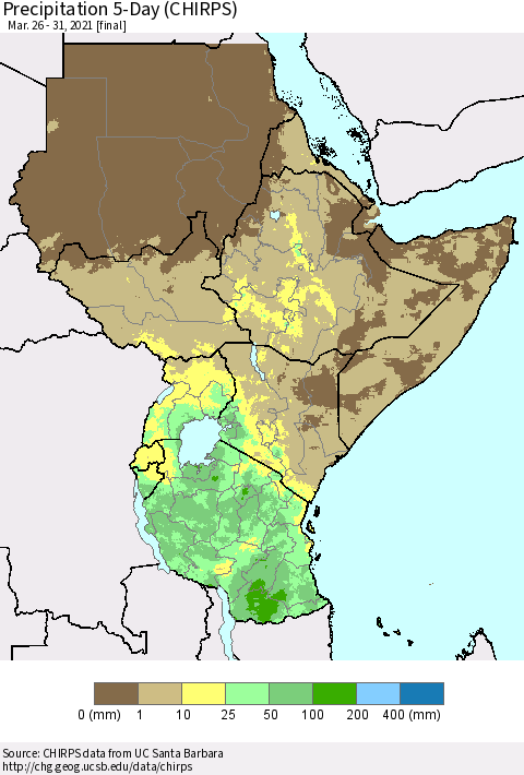 Eastern Africa Precipitation 5-Day (CHIRPS) Thematic Map For 3/26/2021 - 3/31/2021