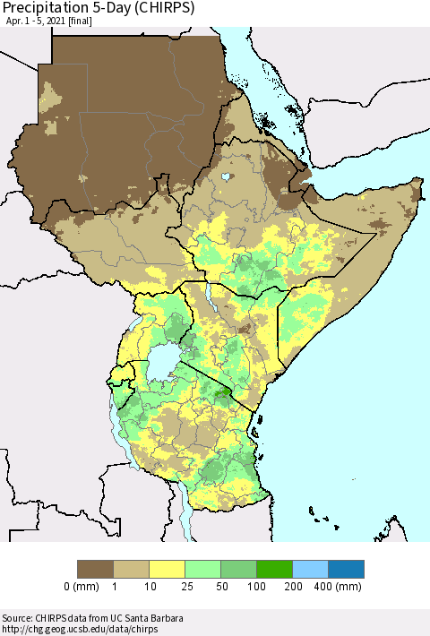 Eastern Africa Precipitation 5-Day (CHIRPS) Thematic Map For 4/1/2021 - 4/5/2021