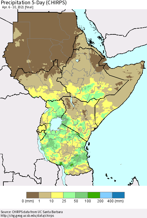 Eastern Africa Precipitation 5-Day (CHIRPS) Thematic Map For 4/6/2021 - 4/10/2021