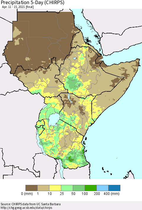 Eastern Africa Precipitation 5-Day (CHIRPS) Thematic Map For 4/11/2021 - 4/15/2021
