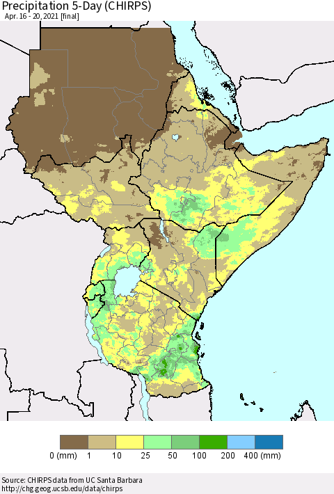 Eastern Africa Precipitation 5-Day (CHIRPS) Thematic Map For 4/16/2021 - 4/20/2021