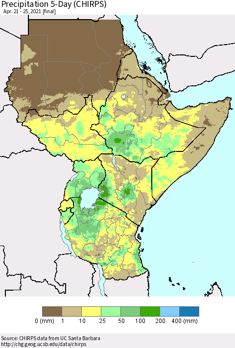 Eastern Africa Precipitation 5-Day (CHIRPS) Thematic Map For 4/21/2021 - 4/25/2021