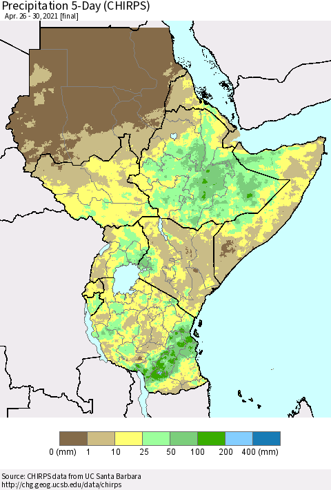 Eastern Africa Precipitation 5-Day (CHIRPS) Thematic Map For 4/26/2021 - 4/30/2021