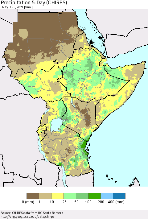 Eastern Africa Precipitation 5-Day (CHIRPS) Thematic Map For 5/1/2021 - 5/5/2021