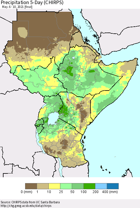 Eastern Africa Precipitation 5-Day (CHIRPS) Thematic Map For 5/6/2021 - 5/10/2021