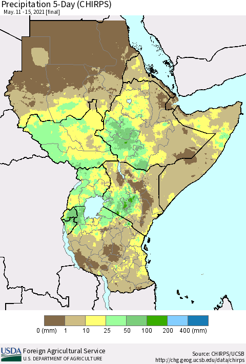 Eastern Africa Precipitation 5-Day (CHIRPS) Thematic Map For 5/11/2021 - 5/15/2021