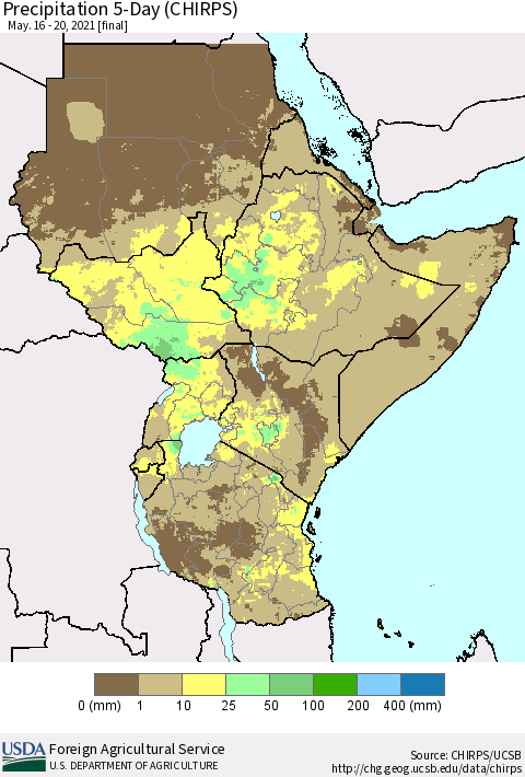Eastern Africa Precipitation 5-Day (CHIRPS) Thematic Map For 5/16/2021 - 5/20/2021