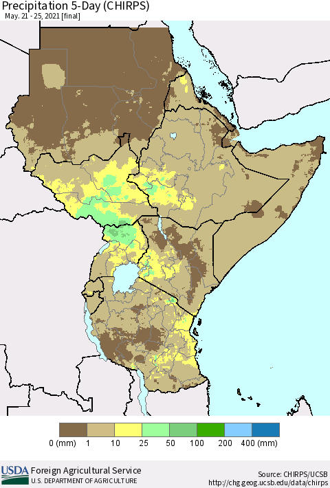 Eastern Africa Precipitation 5-Day (CHIRPS) Thematic Map For 5/21/2021 - 5/25/2021