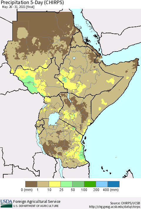 Eastern Africa Precipitation 5-Day (CHIRPS) Thematic Map For 5/26/2021 - 5/31/2021