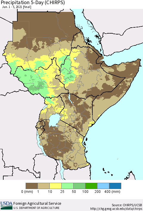 Eastern Africa Precipitation 5-Day (CHIRPS) Thematic Map For 6/1/2021 - 6/5/2021