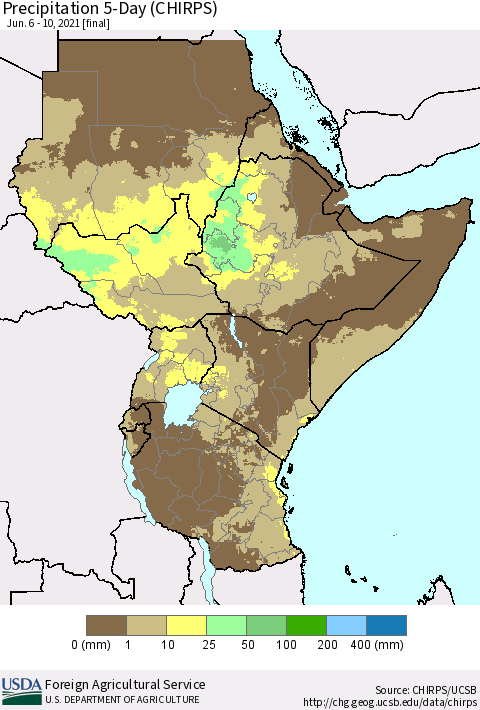 Eastern Africa Precipitation 5-Day (CHIRPS) Thematic Map For 6/6/2021 - 6/10/2021