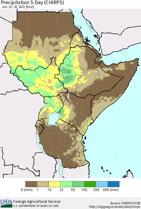Eastern Africa Precipitation 5-Day (CHIRPS) Thematic Map For 6/16/2021 - 6/20/2021