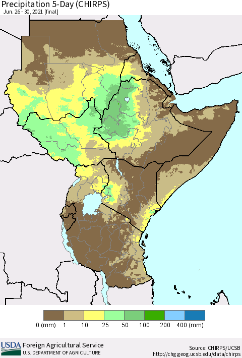 Eastern Africa Precipitation 5-Day (CHIRPS) Thematic Map For 6/26/2021 - 6/30/2021